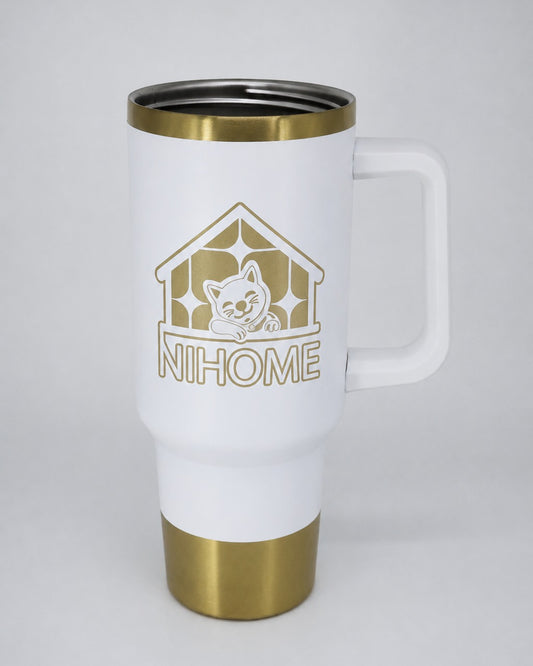 Termo tipo stanley 40 oz blanco con fondo dorado