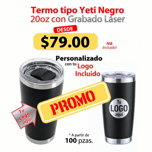 Termos tipo yeti 20 oz color negro con grabado