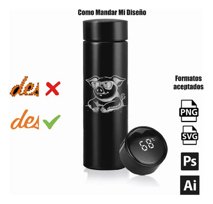 Termo dgital 500 ml color negro con grabado