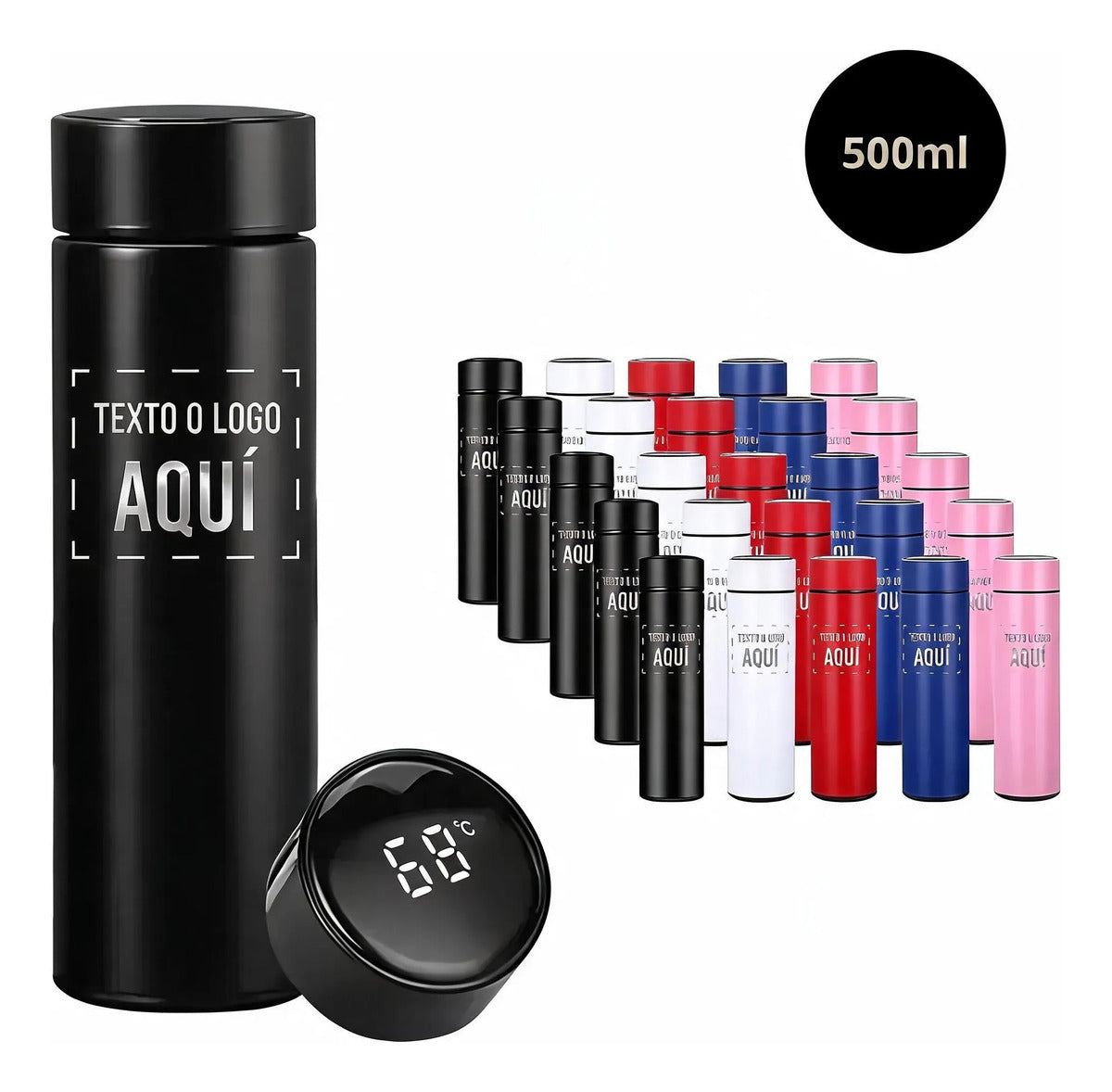 Termo dgital 500 ml color negro con grabado