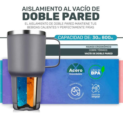 Termo tipo yeti 30 oz con asa color azul