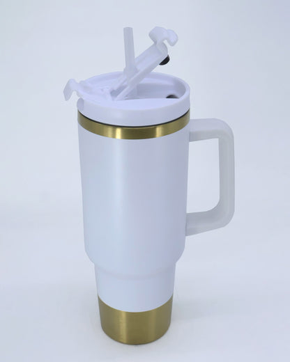 Termo tipo stanley 40 oz blanco con fondo dorado