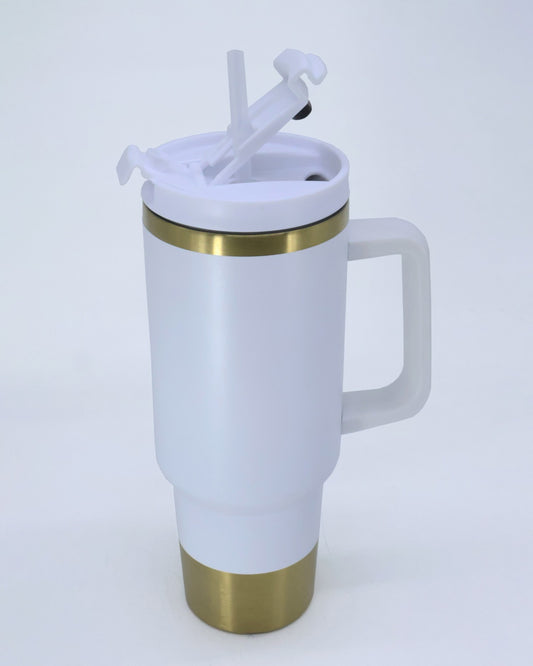 Termo tipo stanley 40 oz blanco con fondo dorado