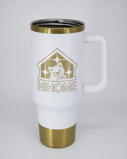 Termo tipo stanley 40 oz blanco con fondo dorado