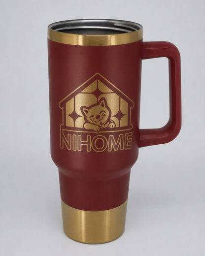 Termo tipo stanley 40 oz rojo con fondo dorado
