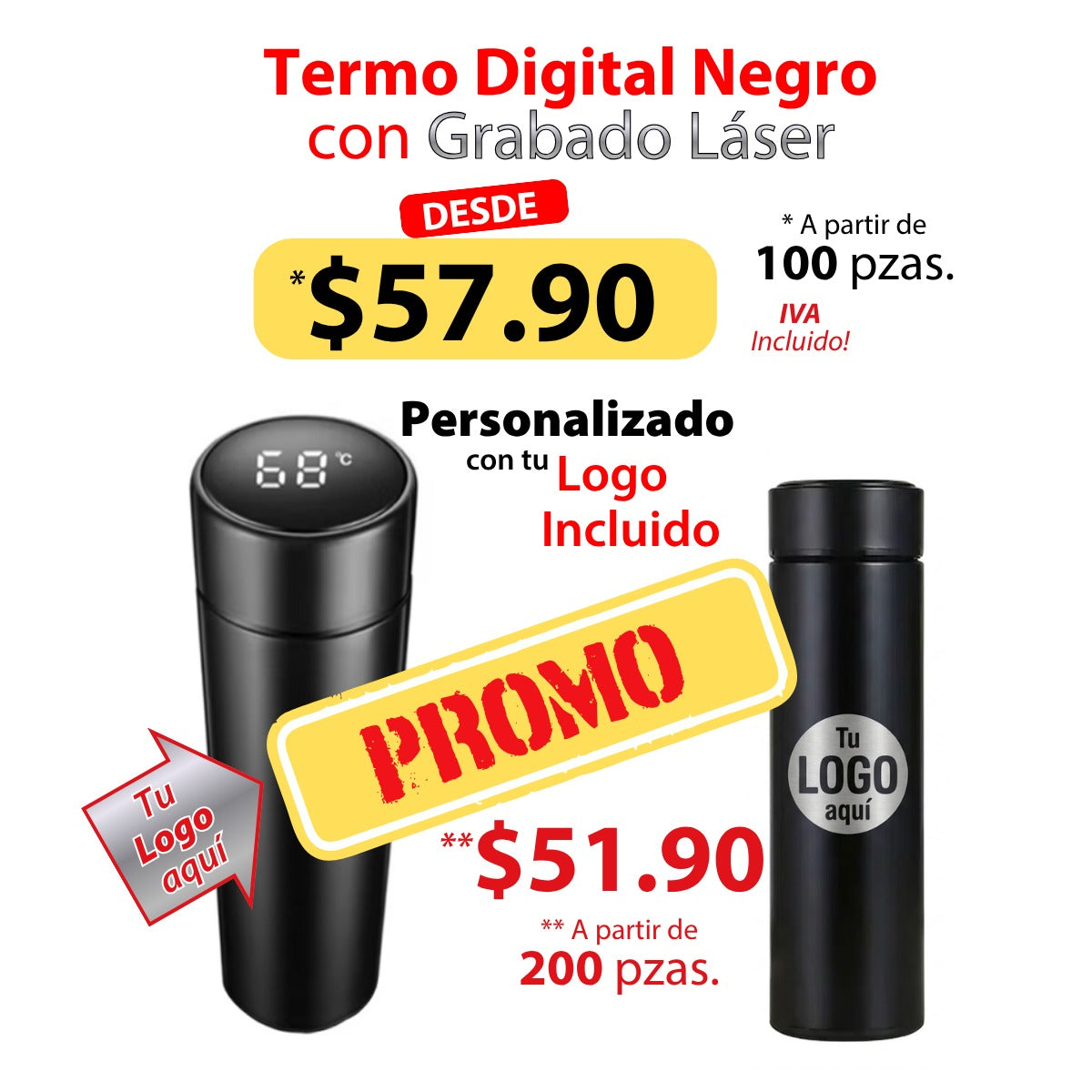 Termo dgital 500 ml color negro con grabado